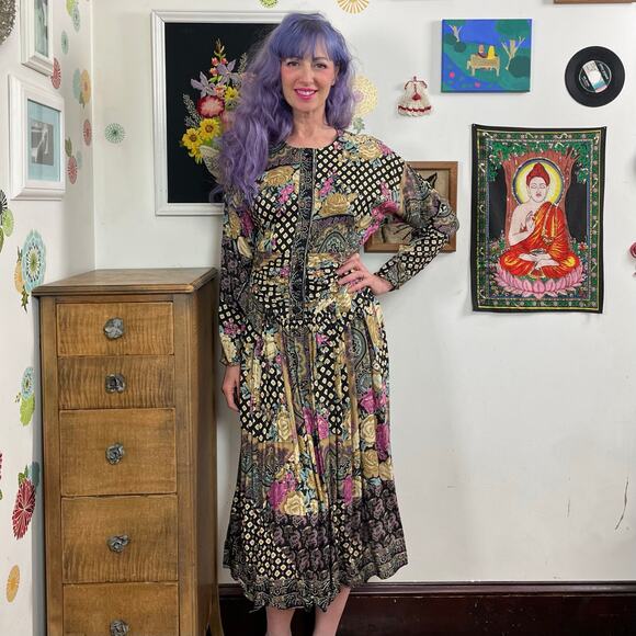 Vintage Faux Patchwork Print Dress, 1990s Bohemian Rayon Midi, Sz M April Rain - Picture 10 of 13